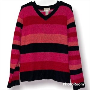 St John’s Bay large womens sweater pullover striped v-neck wool blend stretchy